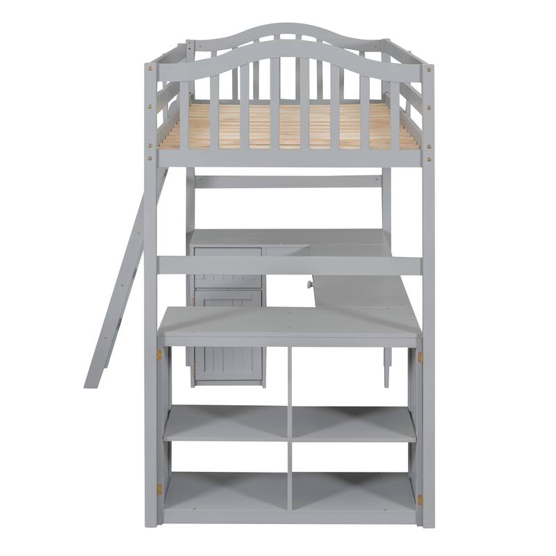 Loft Bed with Drawers, Cabinet, Shelves and Desk, Wooden Loft Bed with Desk