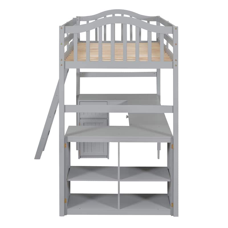 Twin size Loft Bed with Drawers, Cabinet, Shelves and Desk, Wooden Loft Bed with Desk