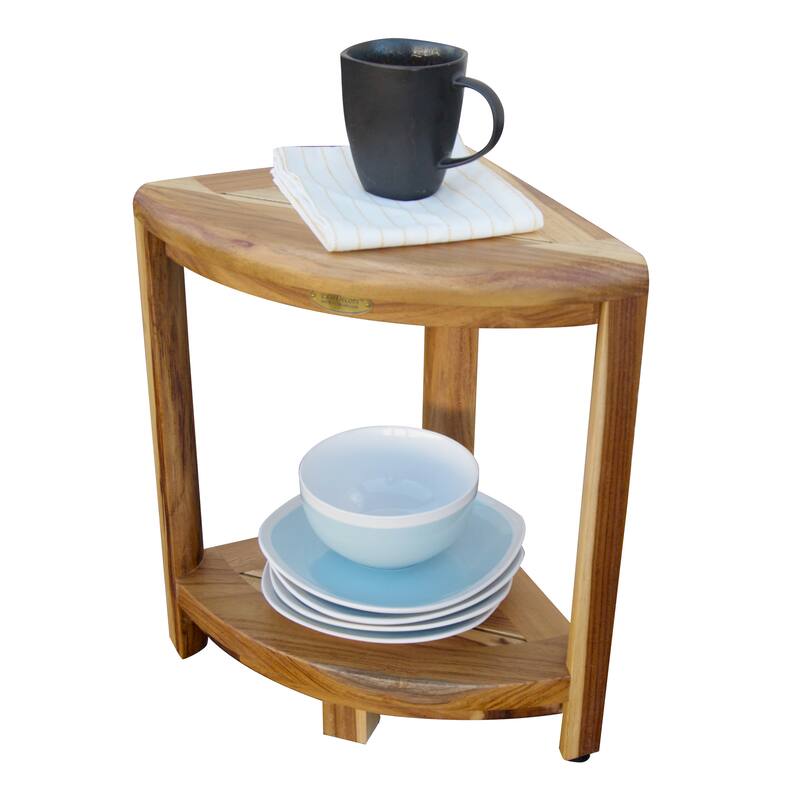 EcoDecors Snazzy Corner Natural Teak Wood 2-tier shower & Bathroom shaving shelf 18-inch Height-12" Radius