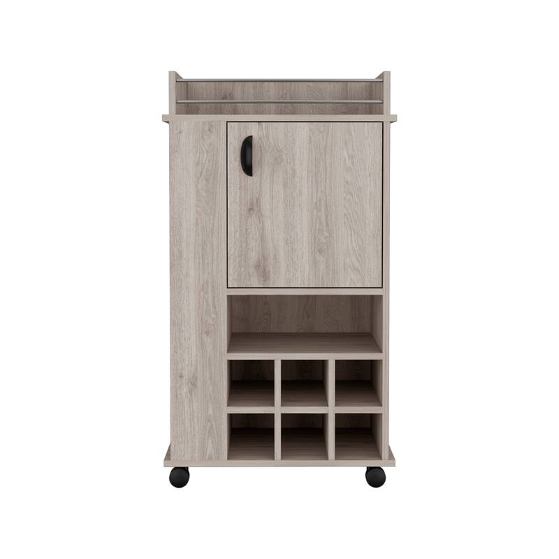 Fargo Bar Cart with Cabinet, 6 Built-in Wine Rack and Casters - Grey