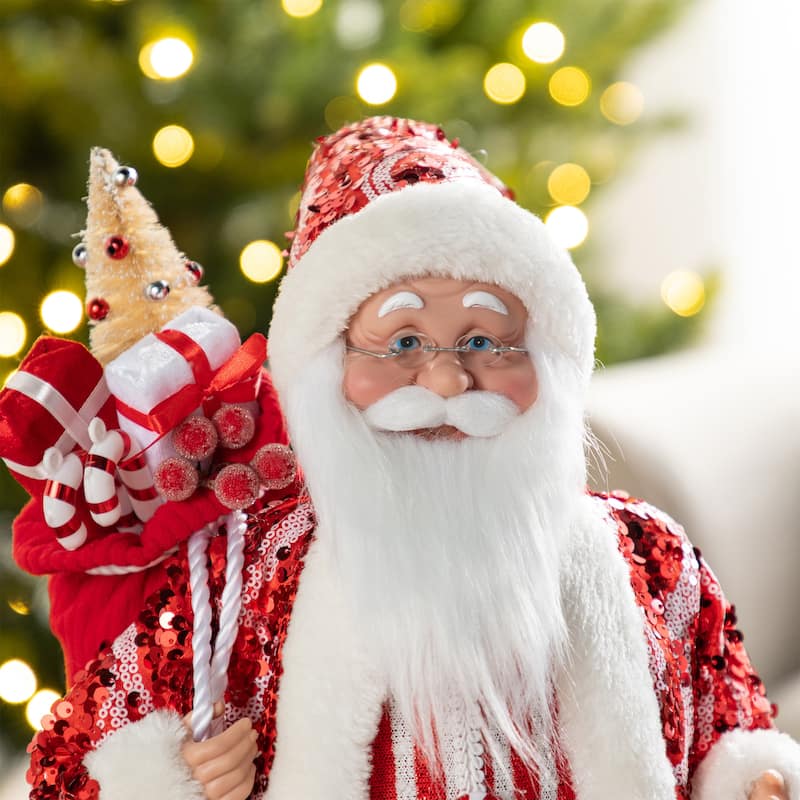 Glitzhome 18"H Faux Fur Christmas Santa Figurines with Porcelain Face