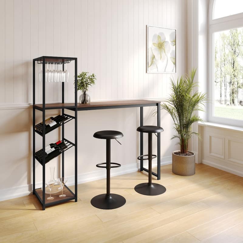 Modern Freestanding Metal Bar Table with Bottle and Stemware Storage - Walnut Top/Black Frame