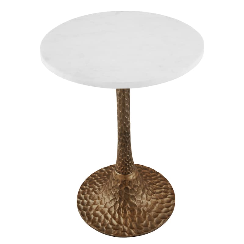 Tyler Accent Side Table, 14.5 Inch Round White Marble Top, Antique Brass Hammered Pedestal Base