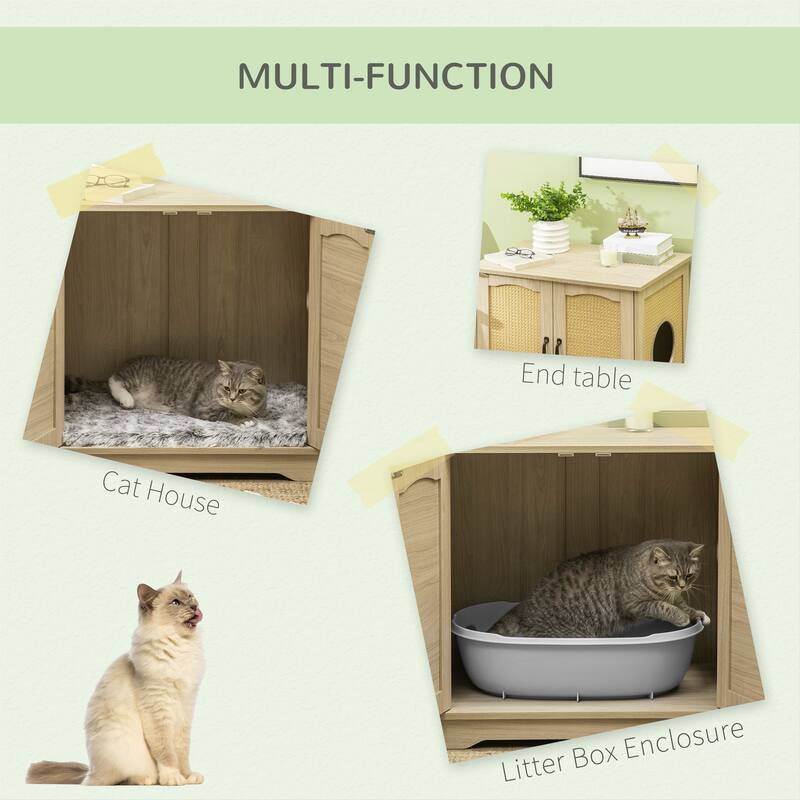 PawHut 3-in-1 Cat Litter Box Furniture Hidden, Cat Cabinet Bed, End Table with Rattan, Kitty Bed with Plush Foam Cushion