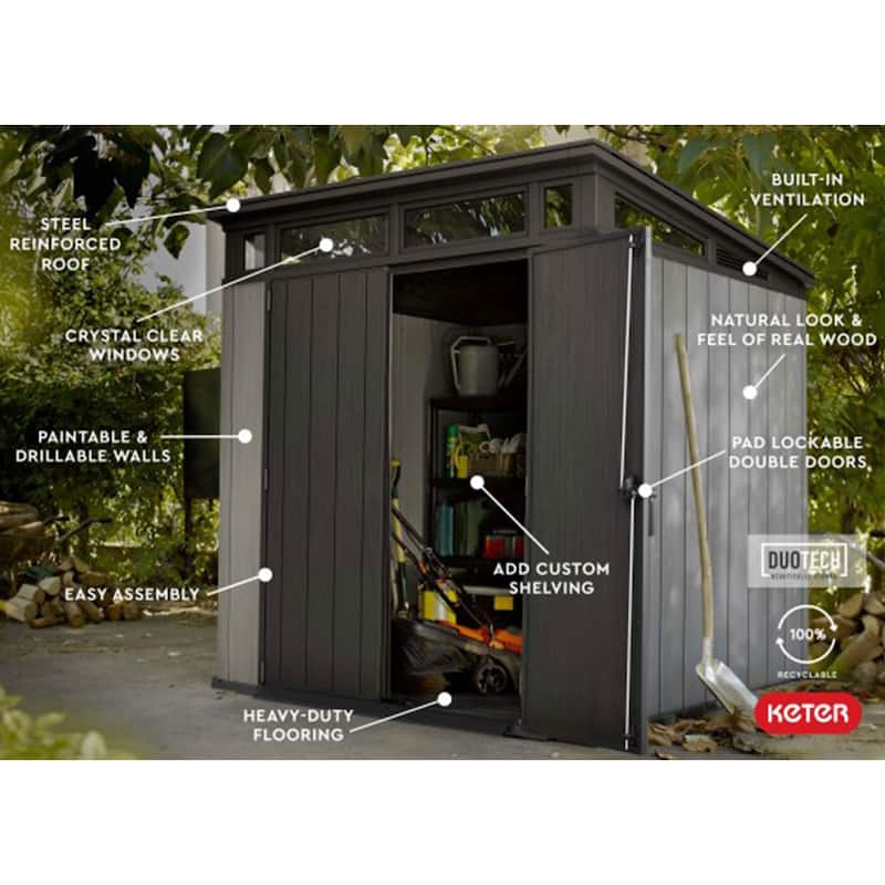 Keter Artisan 7 x 7 FT. Modern and Elegant Resin Outdoor Storage Shed With Floor for Patio Furniture and Tools, Grey - 7x7