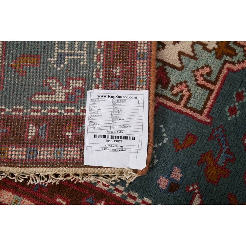 Teal Green Khotan Oriental Runner Rug Hand-Knotted Wool Carpet - 2'6"x 9'9"