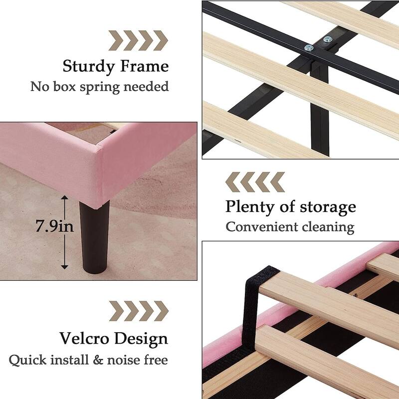 VECELO Upholstered Bed Frame with Nailhead Trim Adjustable Height Headboard, Twin/Full/Queen Size Bedframes