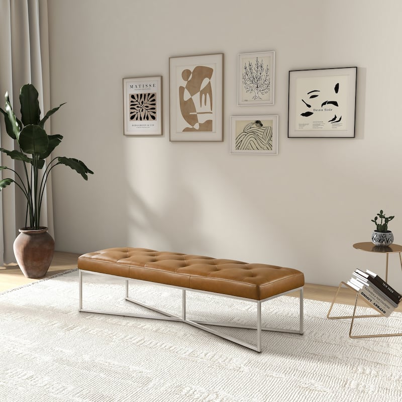 Madera 60" Wide Tufted Tan Leather Bench with Metal Frame