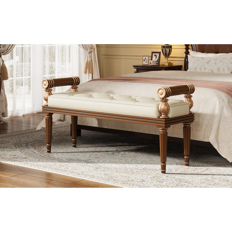 Christopher Knight Home - Mid-Century PU Leather Upholstered Bench with Button-Tufted Seat & Solid Wood Frame - 50"W