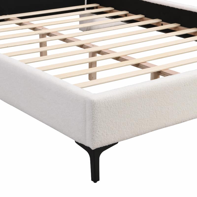Chic Bouclé Upholstered Bed with Integrated Lighting and Shelves