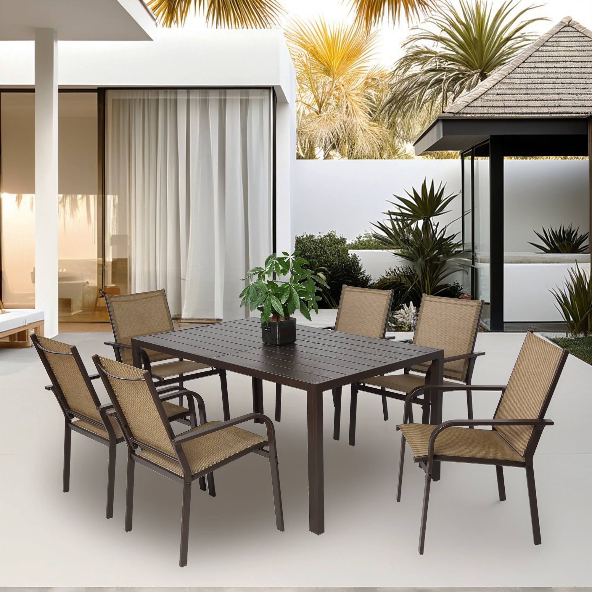 7 Piece Patio Dining Table Chair Set, Outdoor Conversation Furniture Set with Rectangular Table and 6 Stackable Chairs