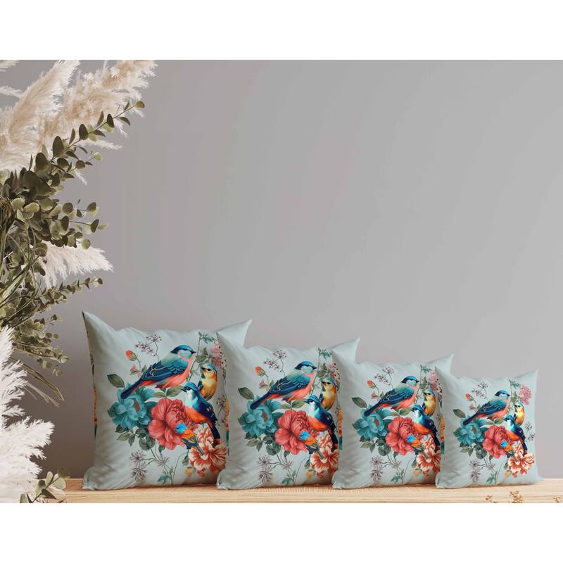 Petal Perched Birds Faux Suede Reversible Throw Pillow Mint and Red