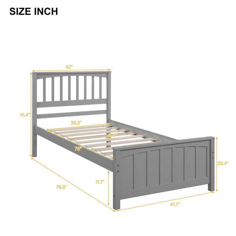 Twin Size Gray Wood Platform Bed with Headboard and Footboard