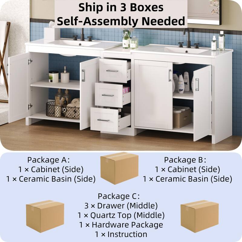 Roomfitters 84" Double-Sink Vanity, Aesthetic Modern Design with Quartz Top, Adjustable Shelves