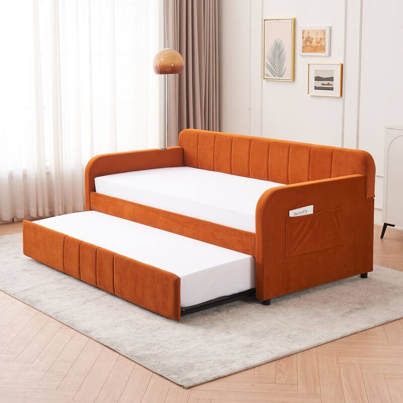 Twin Daybed with Trundle, Upholstered Velvet Frame, Space Saving Daybed Bed for Guest Room