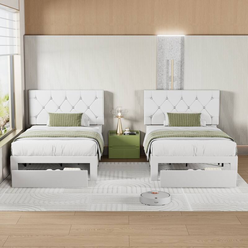 Javlergo Twin/Full/Queen Size Bed Frame with Headboard Upholstered Tufted LED Platform Bed Frame with 4 Storage Drawers