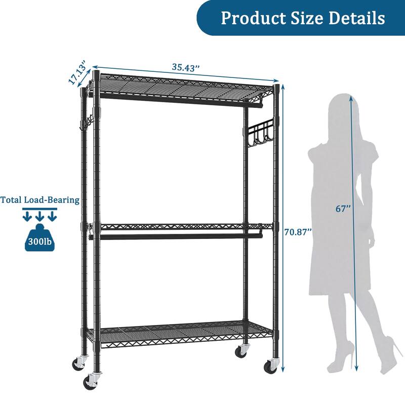 Modern Heavy Duty Coat Rack Rolling Clothes Rack with 3-Layer Dividers 2 Clothes Rods and Side Hooks, for Bedroom