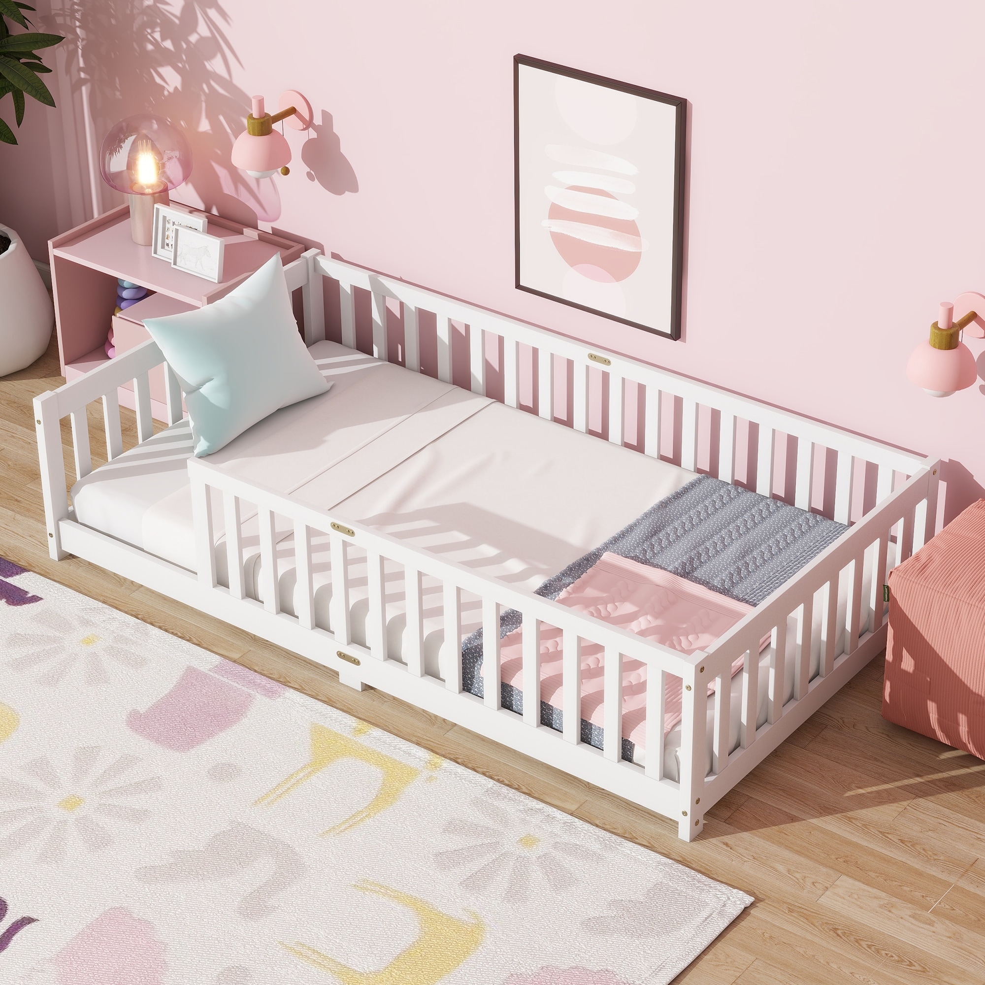 Twin Size Floor Bed with Fence without Door, Rubber Wood Floor Bed with Safety Guardrails, White
