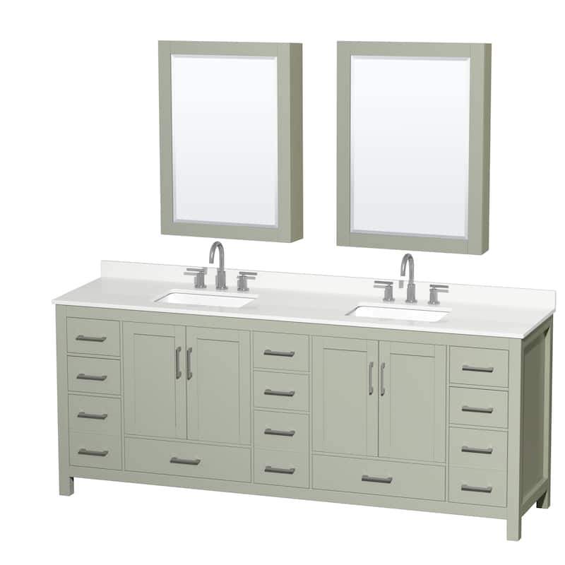 Sheffield 84-inch Double Vanity, 3 Hole Quartz Top, Med Cabinets - Light Green, Nickel Trim, White Quartz Top