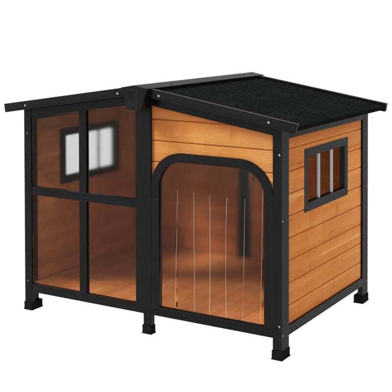 Natural Wooden Dog House with Weatherproof Asphalt Roof, Raised Floor & Openable Roof for Easy Access
