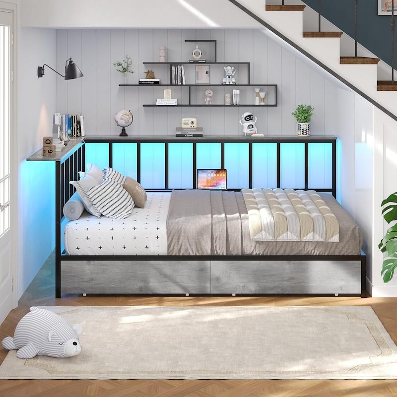 Corner Bed Frame 2 Storage Drawers Daybed Charging Station LED Lights
