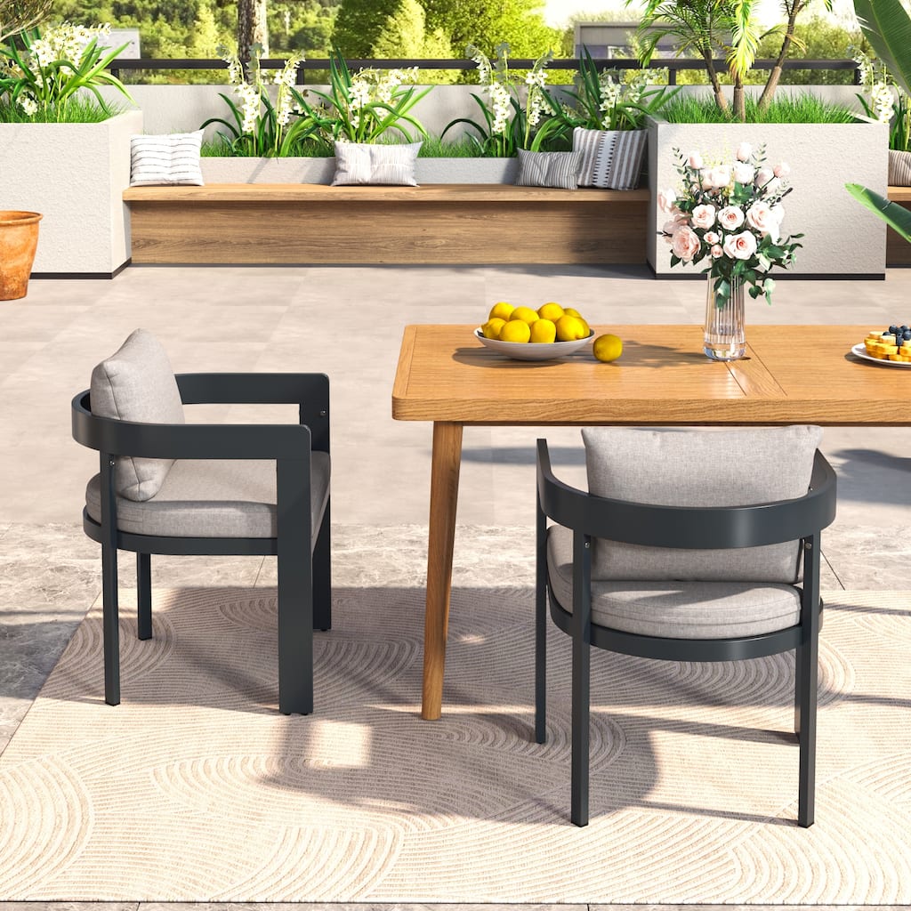 Roomfitters Elko Outdoor Aluminum Dining Chairs with High Density Foam Cushions, Dark Grey and Beige Set of 2
