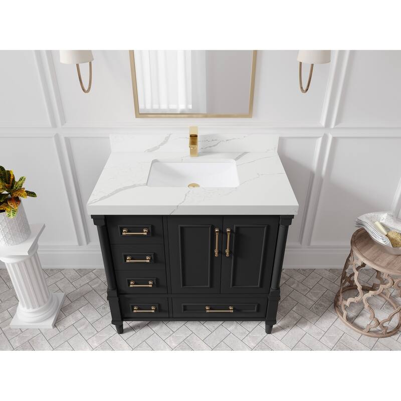 Willow Collections 36 in. W x 22 in. D Aberdeen Center Right Offset Sink Bathroom Vanity with Countertop - 2”Calacatta Laza - Black