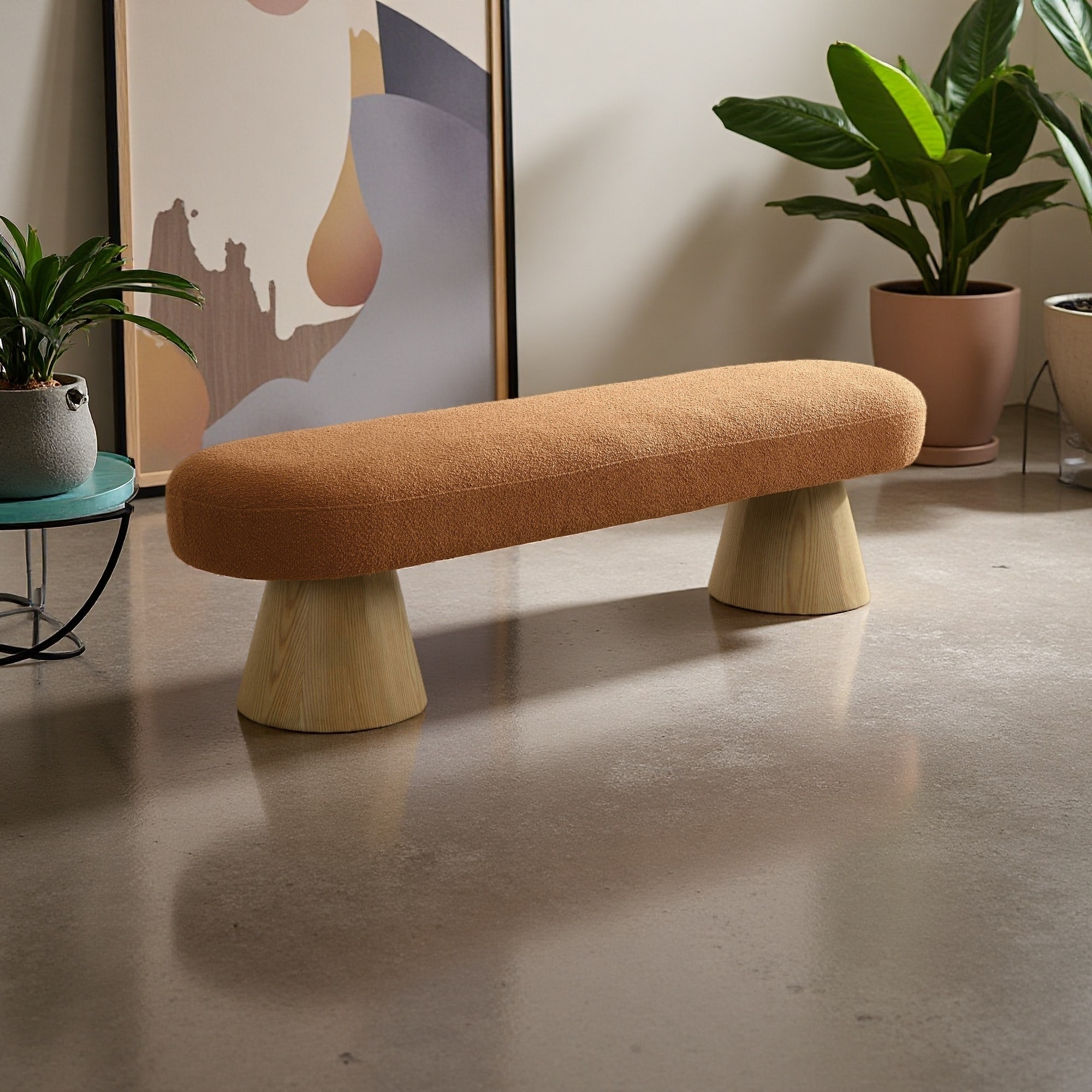 64"L Upholstered Orange Boucle Dining Bench with Wooden Legs - No Assembly Required, Non-Slip Pads, 6" High-Density Foam