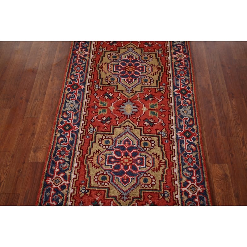 Orange Geometric Heriz Serapi Foyer Rug Hand-Knotted Wool Carpet - 2'6"x 6'1"