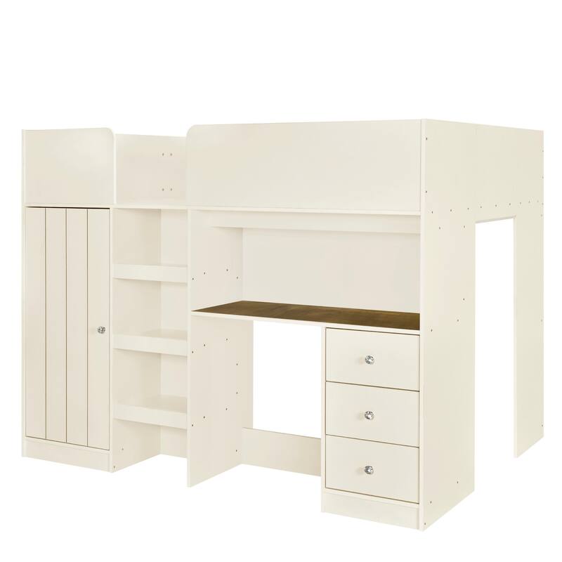 Full Size Loft Bed with Built-in Wardrobe, Desk, Storage Shelves, and Drawers, Space-Saving Wood Design, No Box Spring Required