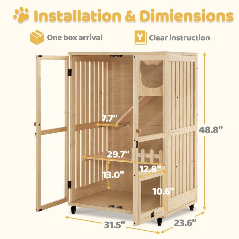 MCombo wooden cat houses for indoor cats, luxury cat house with Multiple Levels, Lockable Doors, Wheels, CT090