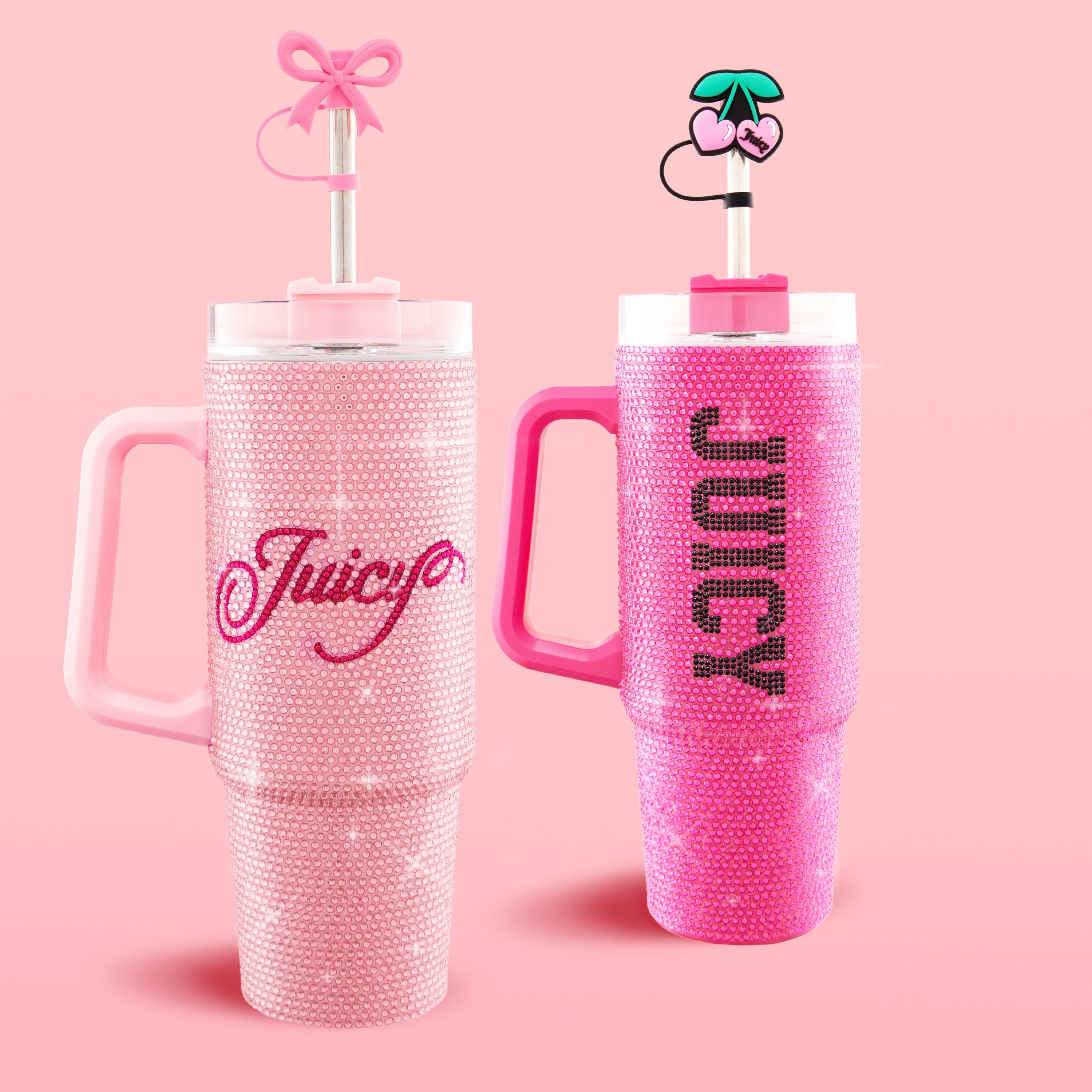 Juicy Couture BlingSip Hydration Rhinestone Stainless Steel Tumbler with Handle and Straw With Topper