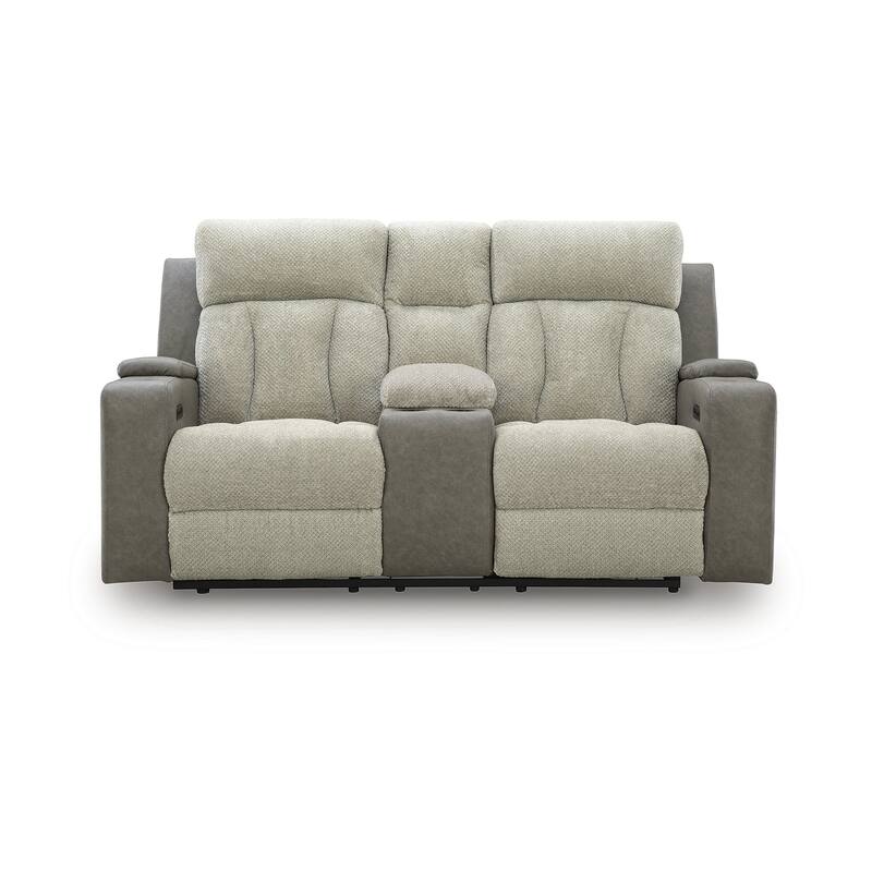 Signature Design by Ashley Stately Check Gray Power Reclining Loveseat with Console - 77"W x 42"D x 44"H
