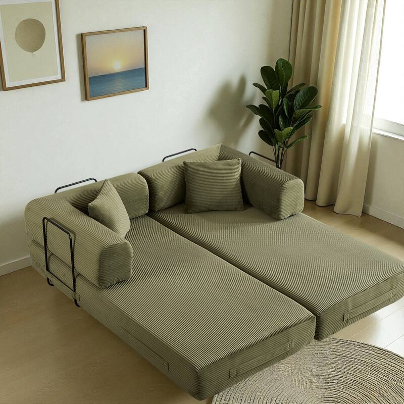Convertible Corduroy Sleeper Sofa Bed, 4-in-1 Folding Mattress Couch with Cylindrical Pillow & Fixed-Shape Frame, No-Assembly