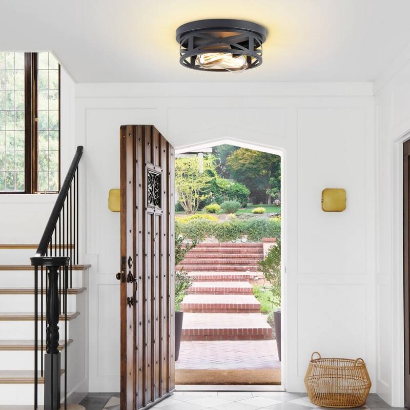 2-Light Black Farmhouse Flush Mount Ceiling Light-2 Pack