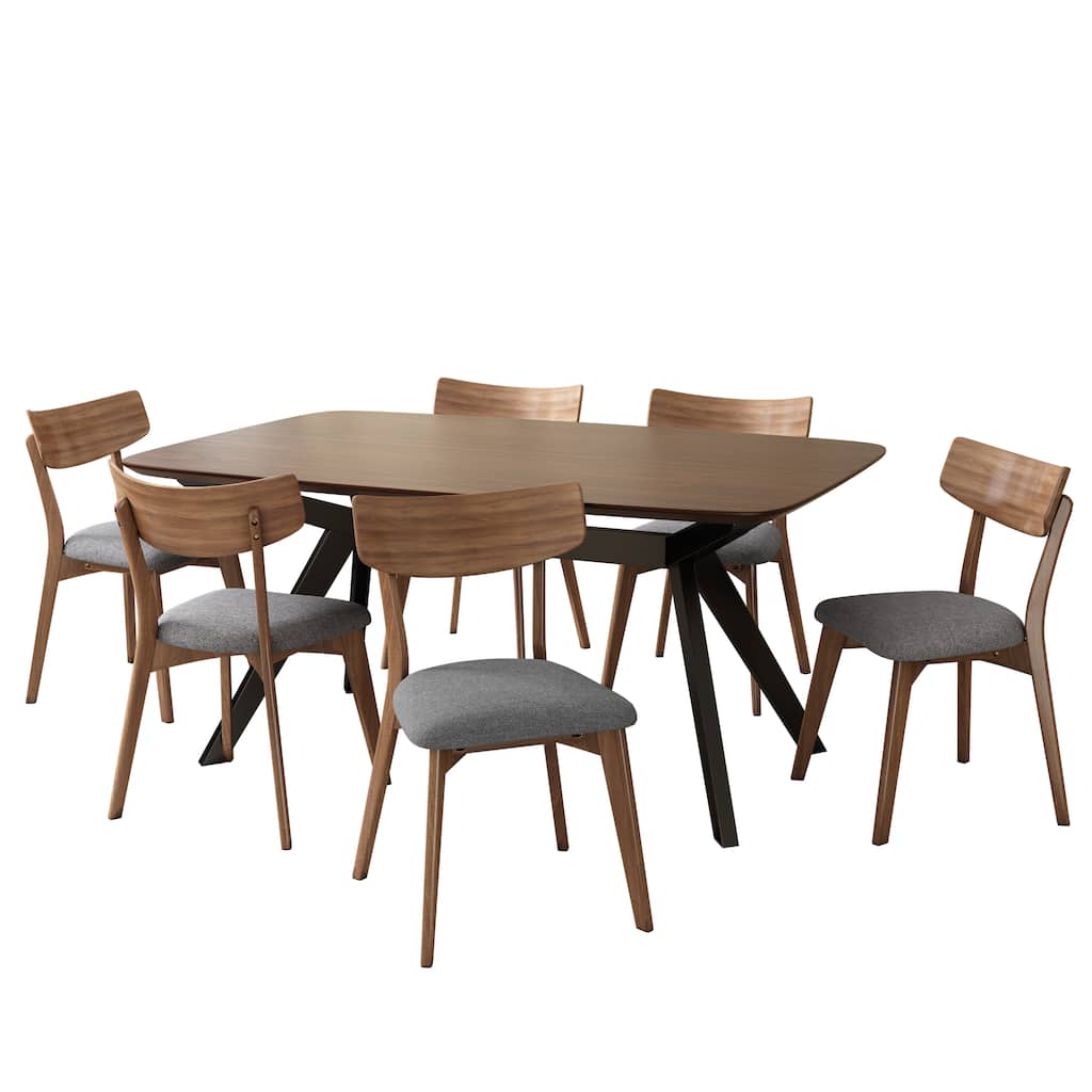 7-Pieces Dining Set with Rubberwood Table, Kitchen Table Set with Upholstered Chairs & Splayed Legs for Dining Room