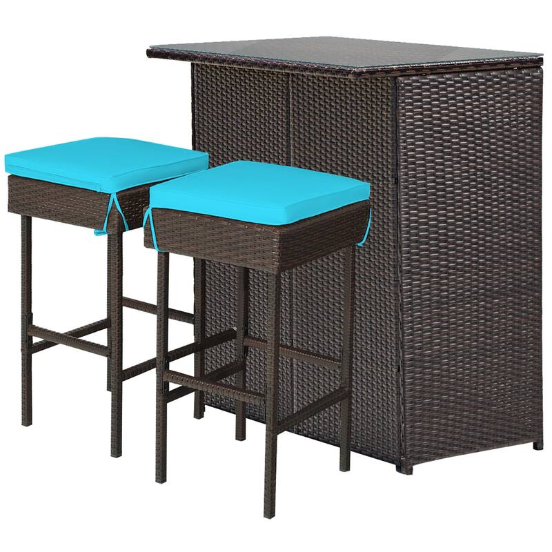 Gymax 3PCS Rattan Patio Bar Table & Stool Set Dining Set w/ Turquoise