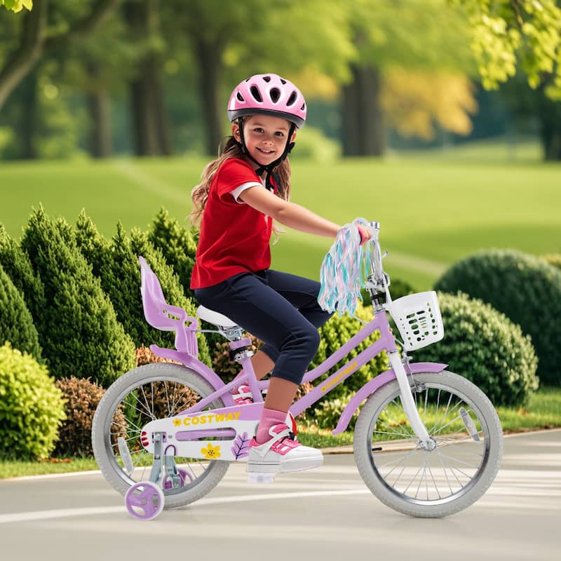 Kids Bicycle Purple Bike with Decorative Basket and Bell Training Wheels Included for Girls