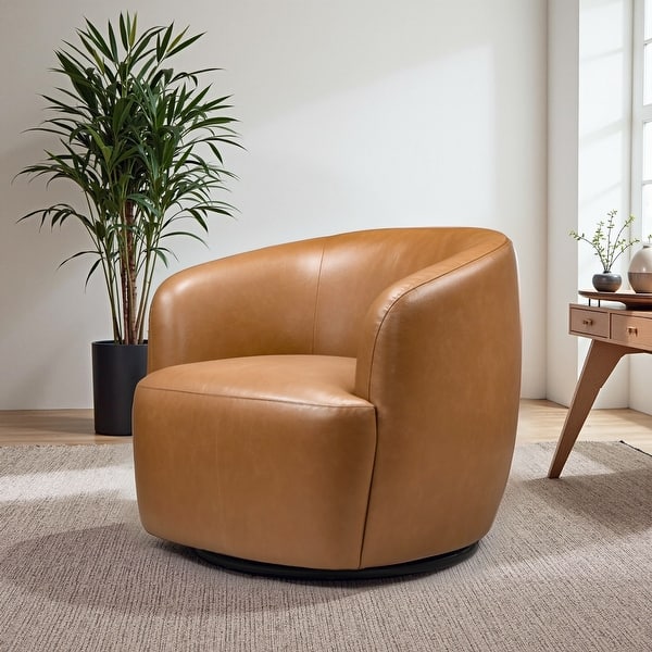 slide 2 of 3, Belinda 32" W Vegan Leather Upholstered Swivel Barrel Chair Cognac Vegan Leather