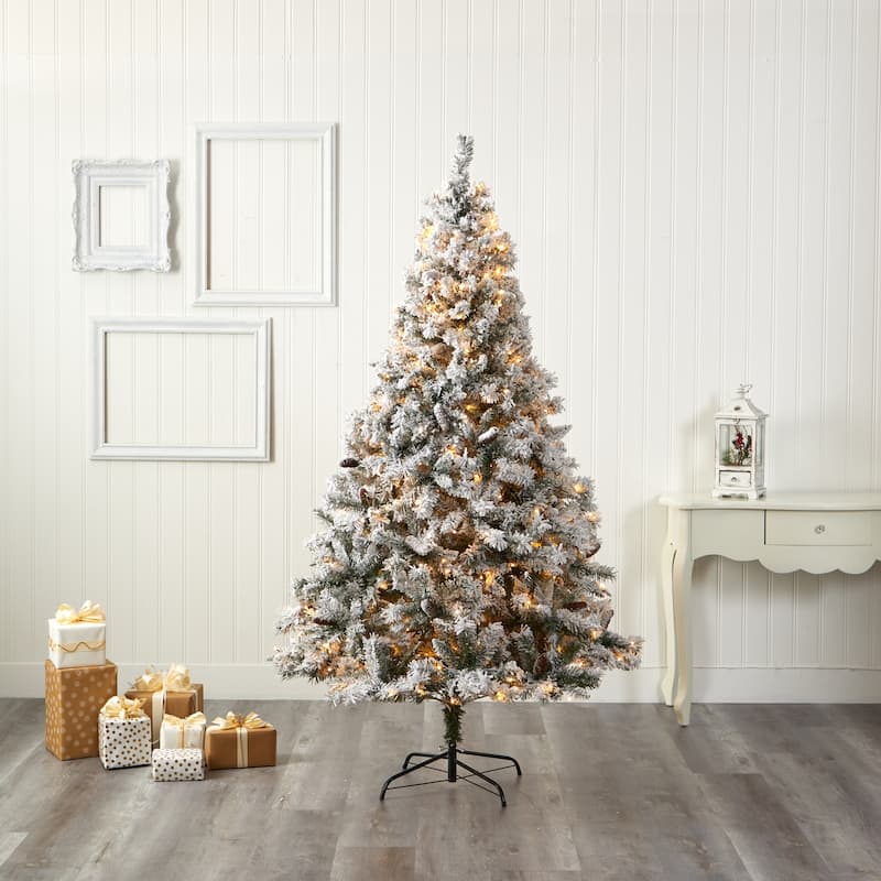 7ft Artificial Christmas Tree with Lights & Pinecones - Flocked Mountain Pine Holiday Decor - White - 84