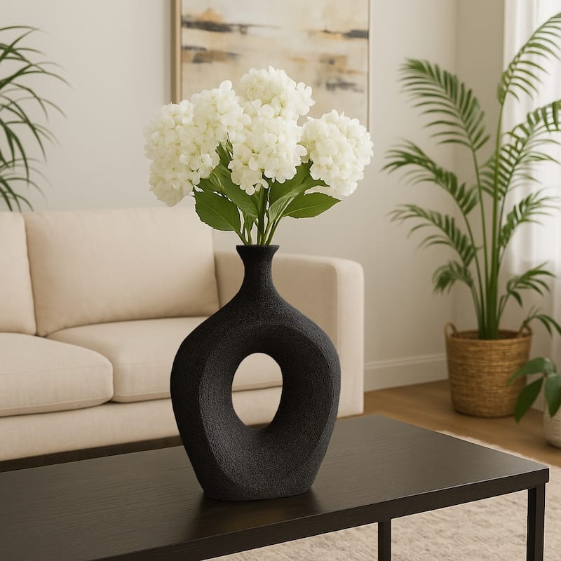Modern Ceramic Textured Oval Cut-Out Vase - Home Decor - 13" - 13.0" - Black