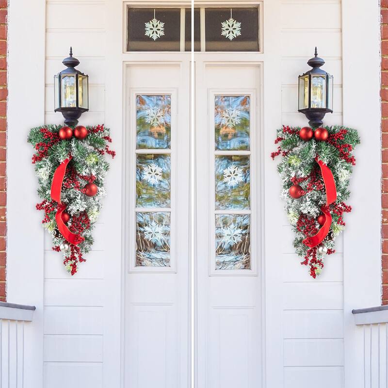 Glitzhome 25"H Artificial Christmas Flocked Berry, Ornament and Pinecone Ribbon Teardrop Door Hanging Decor