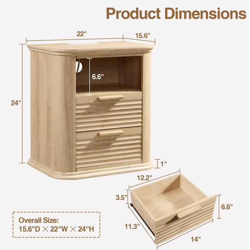 22" Fluted Night Stand with Charging Station, End Table with 2 Drawers & Open Storage, Side Tables Curved Profile Design