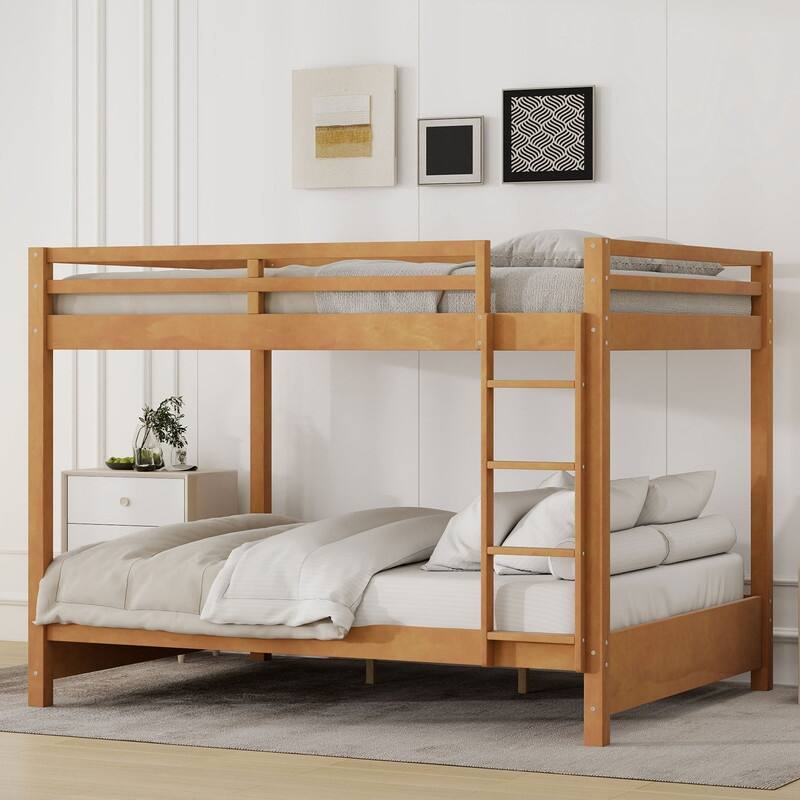 Modern Queen Size Bunk Bed with Ladder and Guardrail, Wood Kids Teens Bed Frame with Trundle Optional