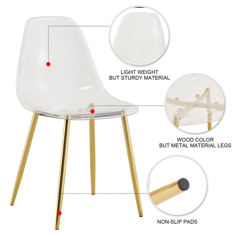Roomfitters Transparent Armless Plastic Dining Chairs with Gold Metal Legs, Nordic Style Set of 4 for Home or Office, Golden