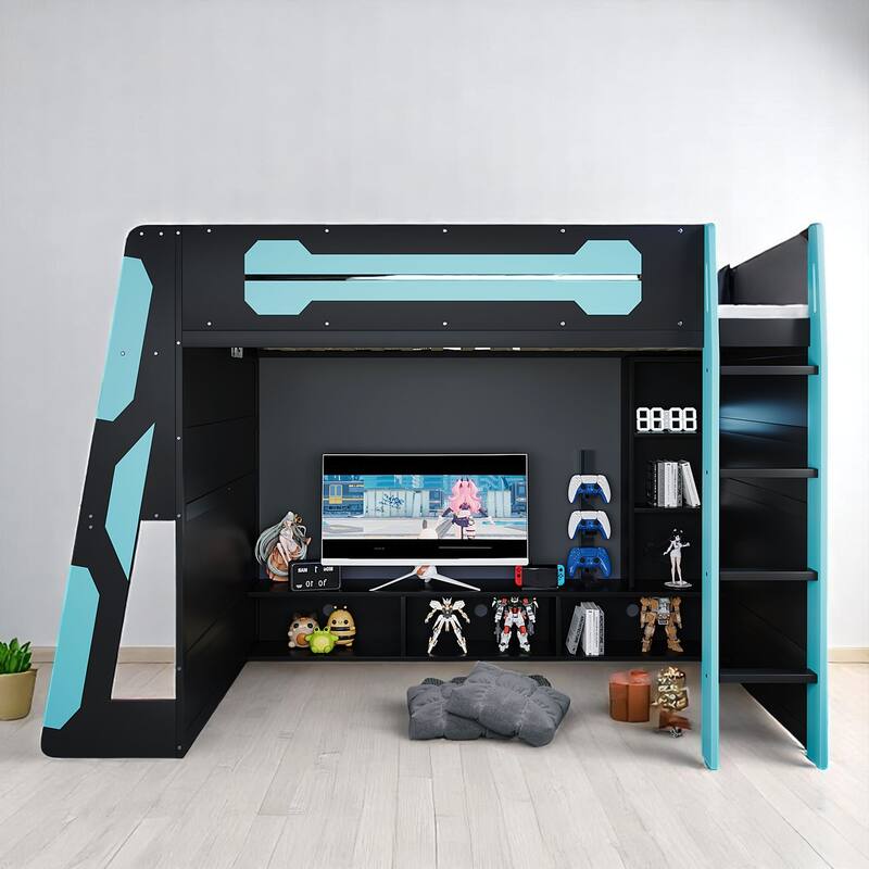 Full Size Gaming Loft Bed with Storage Shelves, Built-in Desk and RGB Light, Sturdy Wood Construction