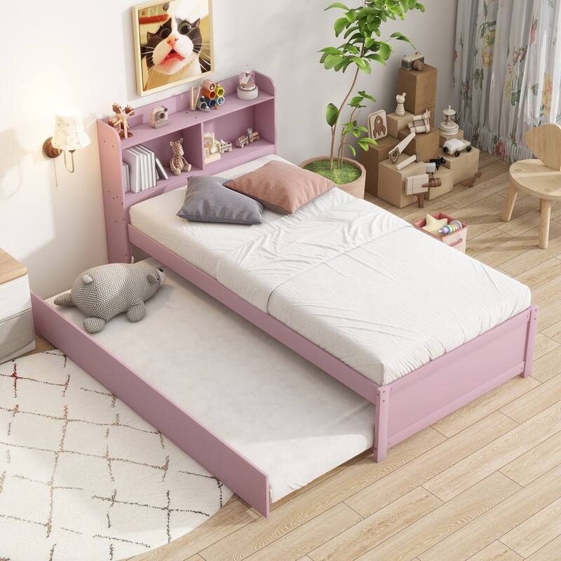 Twin Size Platform Bed with Trundle and Bookcase