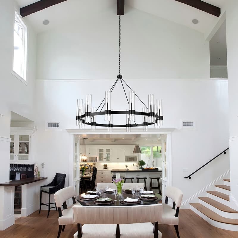 Black Wagon Wheel Chandelier with Glass Shades Adjustable Farmhouse Pendant Light for High Ceilings