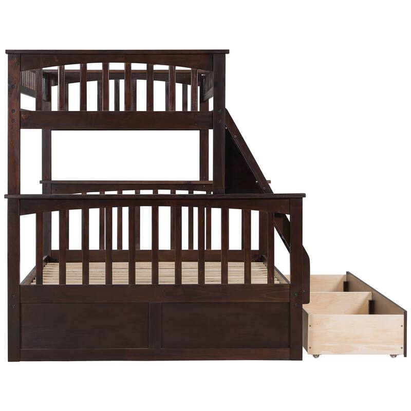 Wooden Storage Bunk Bed Frame with Fence-shaped Guardrails and Pull-out Drawers, Convertible 2 Platform Beds, Detachable Design