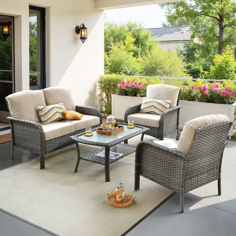 HOOOWOOO 4-piece Wicker Outdoor Conversation Set with Glass Coffee Table - Beige